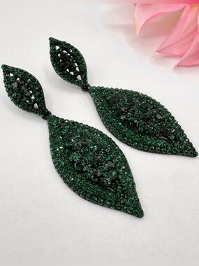 Hunter Green Rhinestone Leaf Statement Earrings Glam Special Occasion Holiday